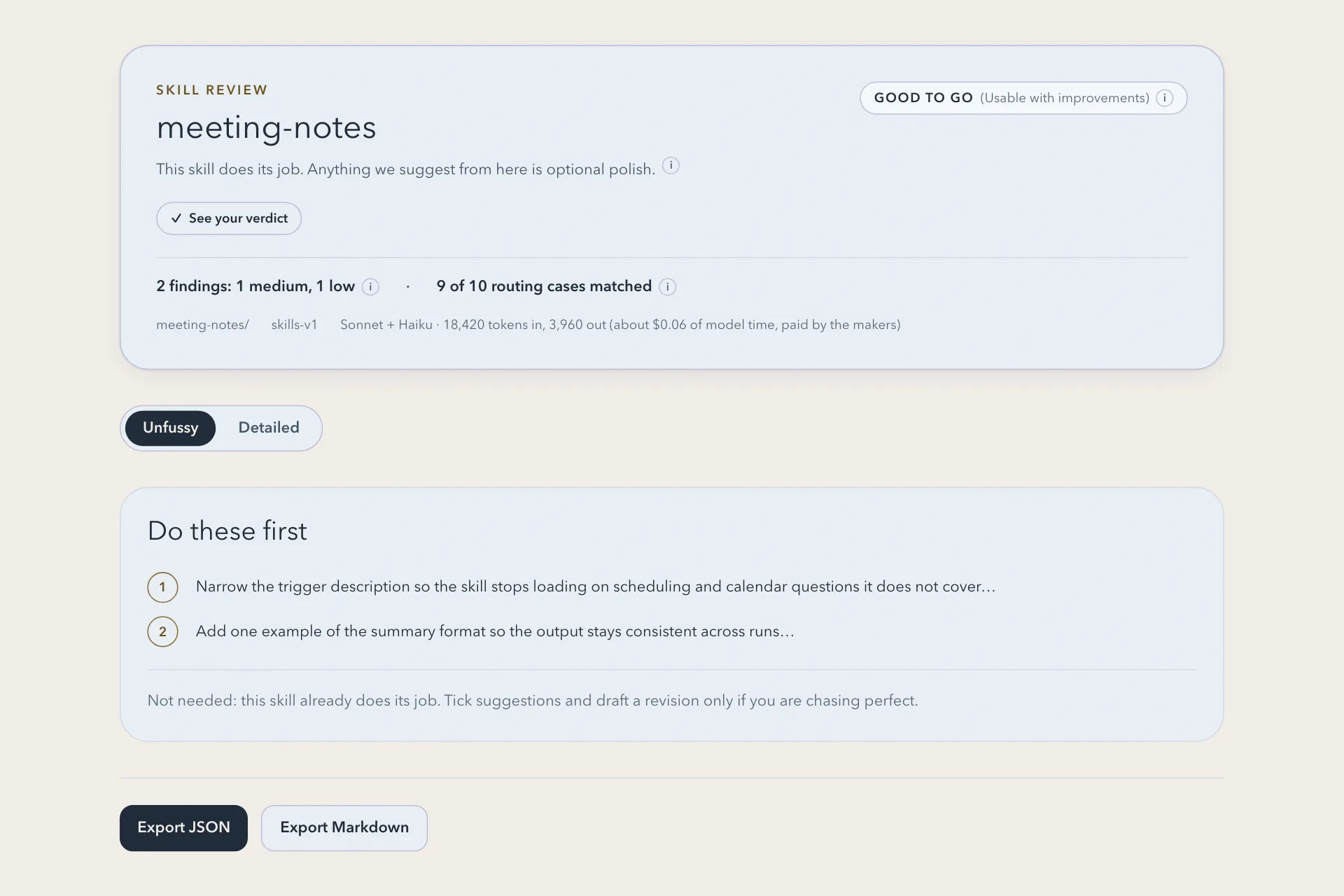 A finished review summary with a plain-words verdict and the top things to fix first.